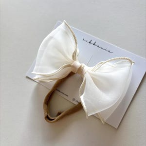 Ivory Organza Bow Baby Girl Headband – Soft Sheer Hair Accessory for Newborns, Toddlers, Baptisms