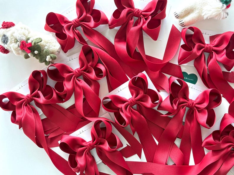 Red Satin Long Tail Hair Bow Clip image 7