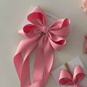May include: A large pink satin bow with two long tails. The bow is tied with a knot in the center and the tails are flowing down. The bow is on a white background.