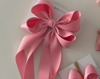 Pink Satin Long Tail Bow Hair Clip
