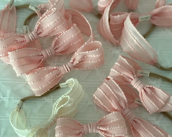 Ivory Pink Organza Bow Headband: Christening Baptism Hair Accessory