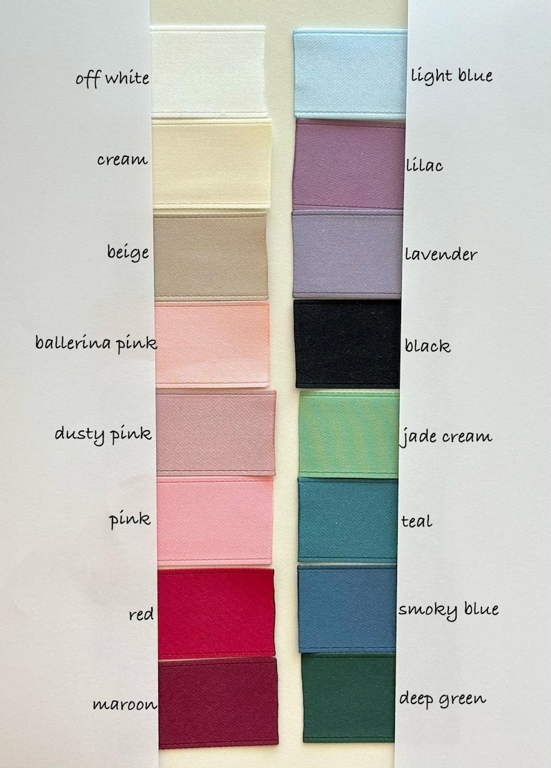 May include: A color chart featuring sixteen fabric swatches arranged in two vertical columns. The labels include off white, cream, beige, ballerina pink, dusty pink, pink, red, maroon, light blue, lilac, lavender, black, jade cream, teal, smoky blue, and deep green.