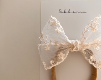 Ivory Lace Flower Bow Baby Headband or Clip