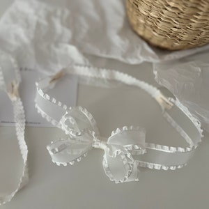 White Frill Organza Bow , Christening Headband, Baptism Bow, Classic Organza Bow Soft Headband image 6