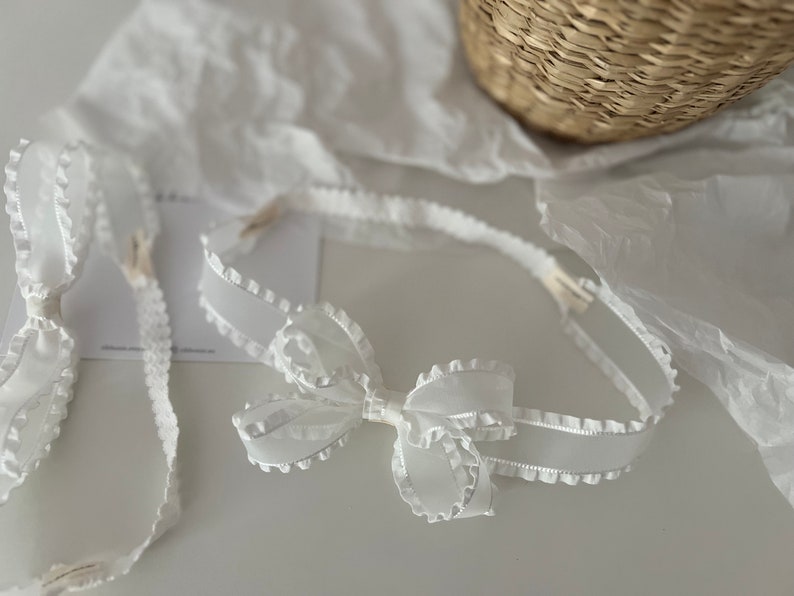 White Frill Organza Bow , Christening Headband, Baptism Bow, Classic Organza Bow Soft Headband image 6