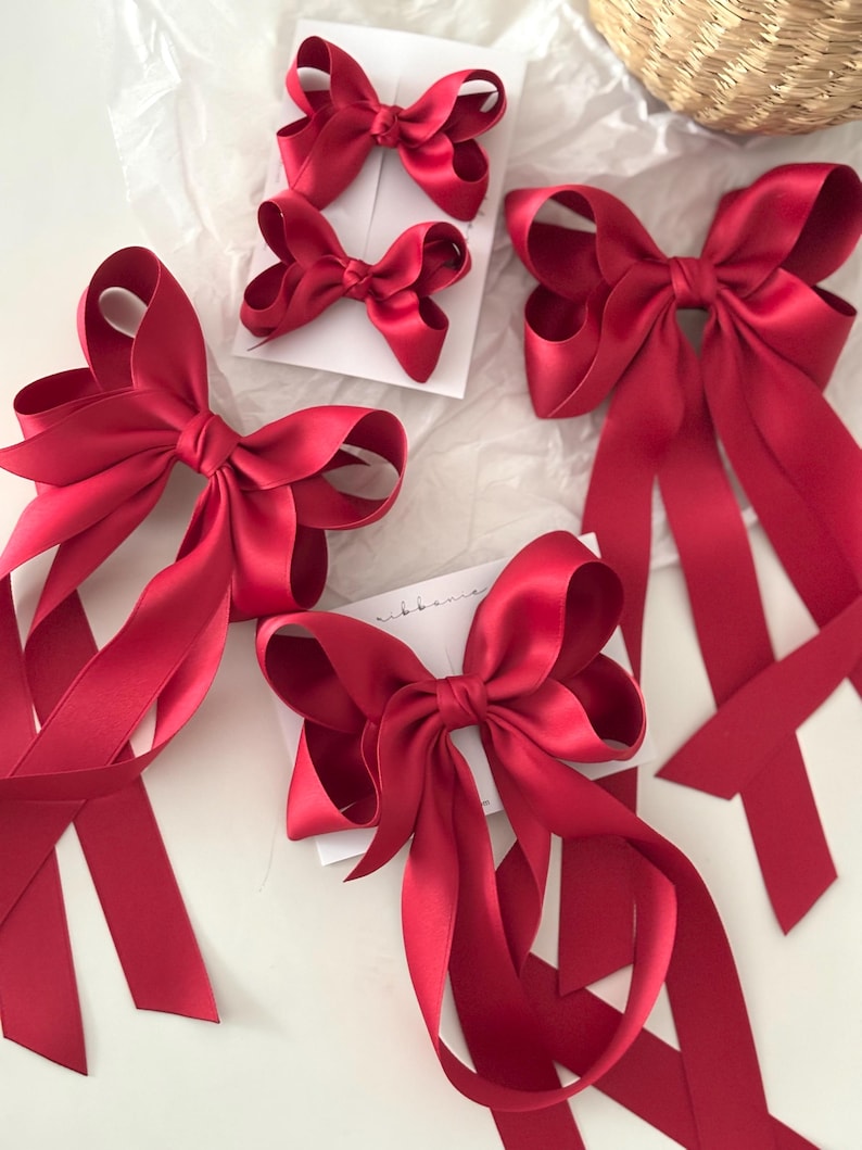 Red Satin Long Tail Hair Bow Clip image 6