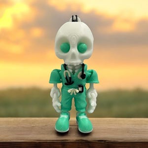 May include: A white skeleton figurine wearing a teal medical scrubs outfit with a stethoscope around its neck. The figurine is standing on a wooden surface.