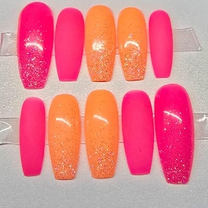 Neon Pink Orange Glitter Matte | Luxury Custom Press-On Nails