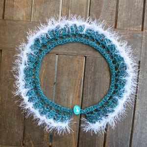 Crochet Collar Necklace: Teal Cotton Blend, Silver Accents, Eyelash Yarn