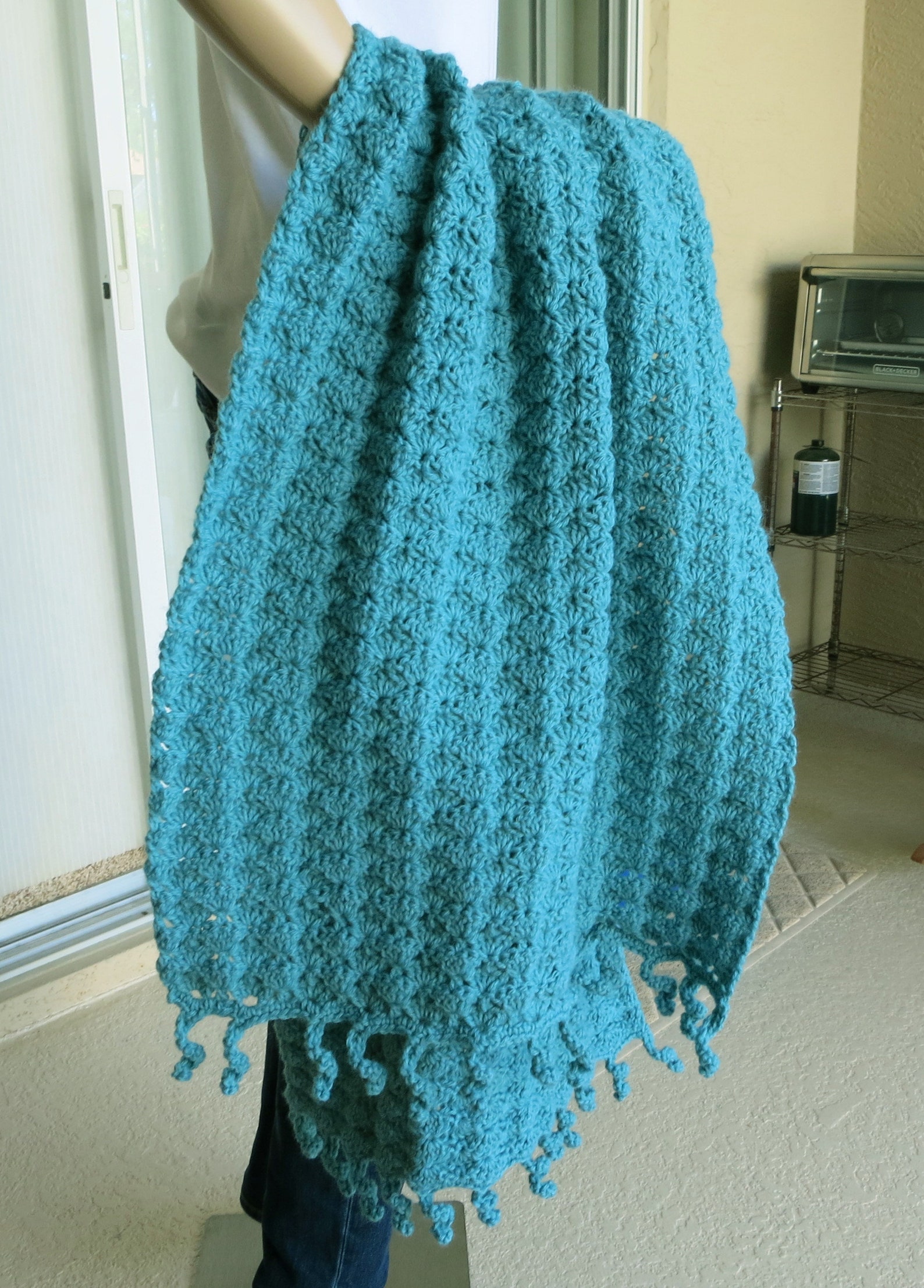 Aquamarine Fish Scale Stitch Hand Crocheted Shawl Curly Fringe Etsy