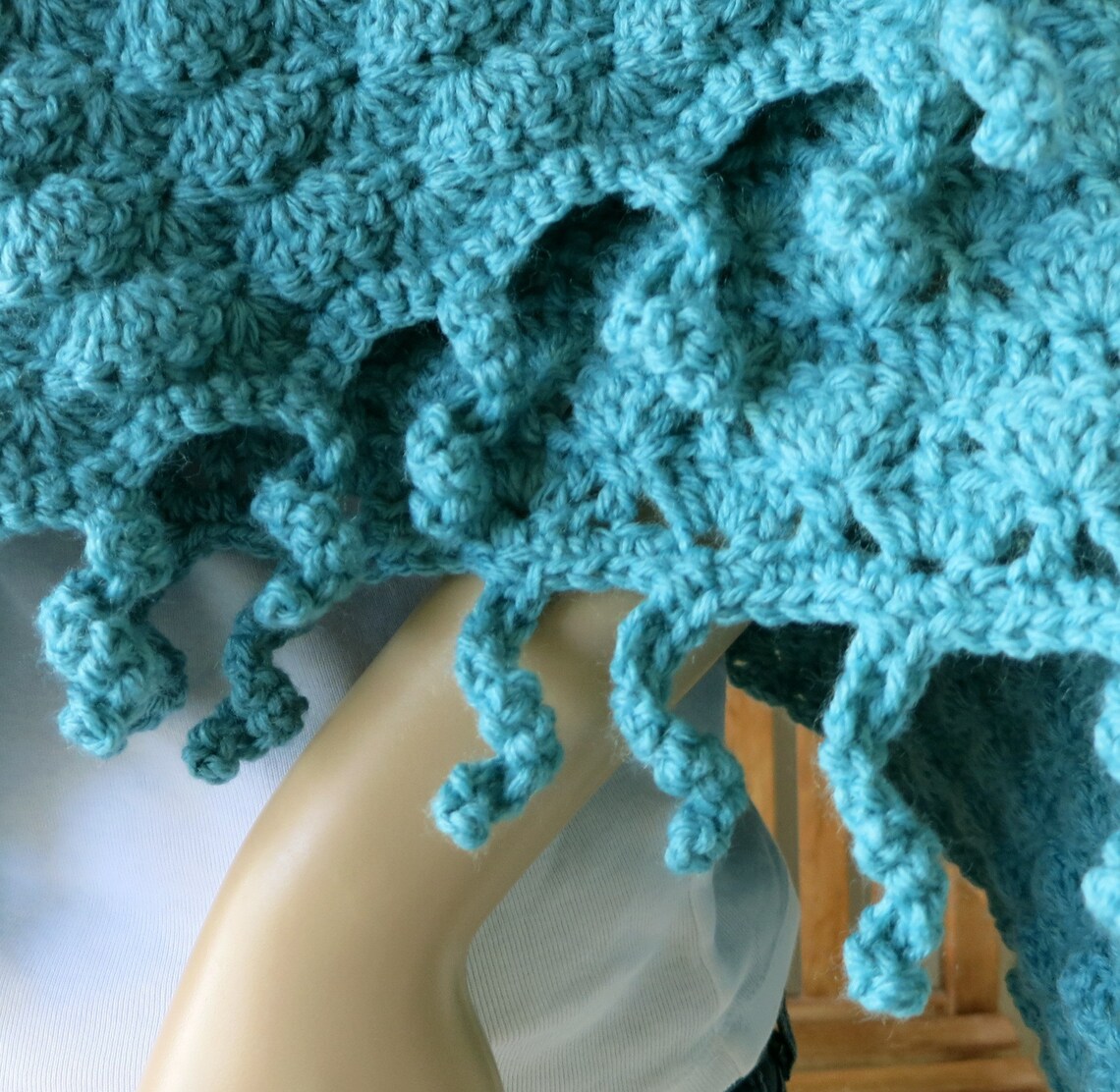 Aquamarine Fish Scale Stitch Hand Crocheted Shawl Curly Fringe Etsy