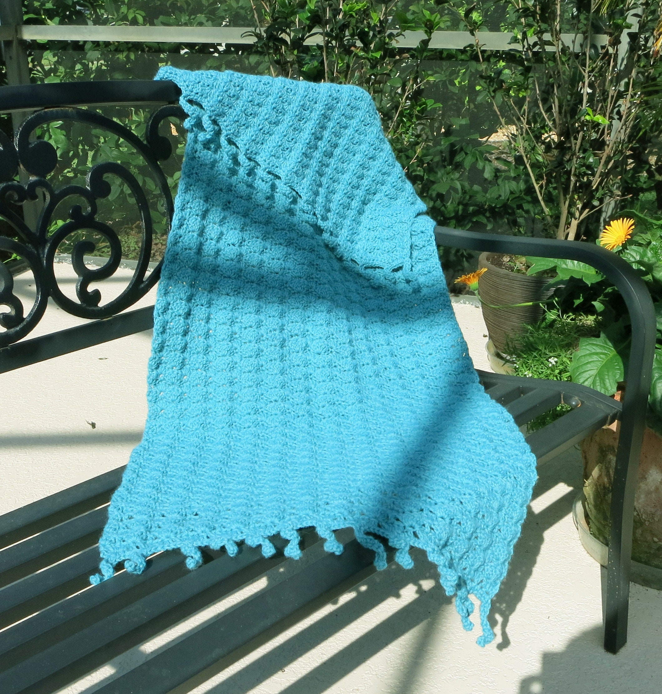 Aquamarine Fish Scale Stitch Hand Crocheted Shawl Curly Fringe Etsy