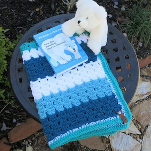 Blue Stripe Car Seat Blanket Stroller Blanket Hand Crocheted Baby Blanket Security Blanket Doll Bed Blanket Easy Care Acrylic