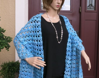 Hand Crocheted Aqua Fuzzy Evening Shawl: Special Occasion Wrap