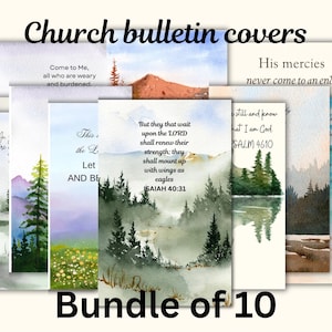 Peut inclure: Un lot de 10 couvertures de bulletin d'église avec des paysages à l'aquarelle. Chaque couverture présente des citations inspirantes et des versets bibliques. Le texte "Church bulletin covers" et "Bundle of 10" sont affichés.