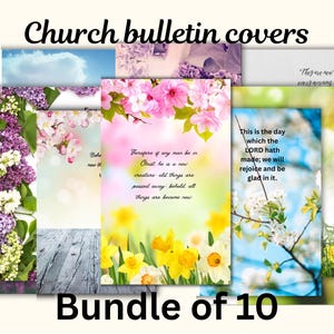 Könnte beinhalten: Ein Bündel von 10 Kirchenzettel-Covern. Die Cover zeigen florale Designs mit inspirierenden Zitaten. Der Text "Church bulletin covers" und "Bundle of 10" ist in Schwarz dargestellt. Die Cover haben eine Vielzahl von Farben, darunter Rosa, Gelb und Blau.