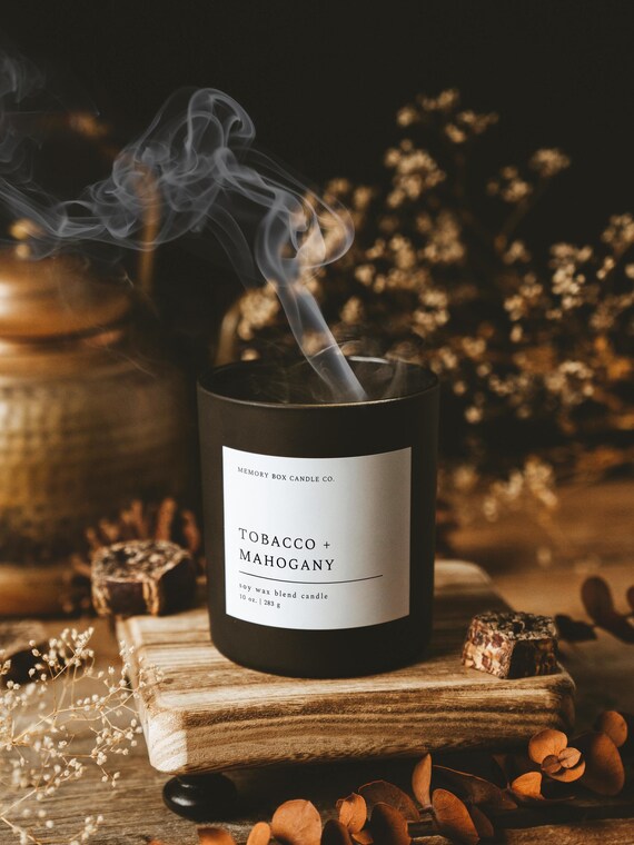 warm tobacco candle Tobacco + Mahogany 10 Oz. Candle Scented Soy Candle | Minimalistic  Homemakers Homebodies Warm Cozy Nostalgic Gift
