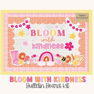 Kit de tablón de anuncios retro de primavera, Bloom Kindness, tema de primavera en tonos pastel, decoraciones fáciles de temporada para el aula, bordes de tablón de anuncios imprimibles