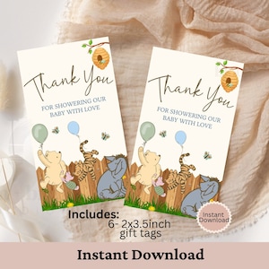 Winnie The Pooh Baby Shower Thank You Tag, Editable Baby Shower Tag, Instant Digital Download, Printable Gender Neutral Thank You Tags