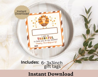 Printable Thanksgiving Gift Tag Template, Cute Turkey Favor Tags, Friendsgiving Tags, Editable Thankful For You Fall Tag, Instant Download