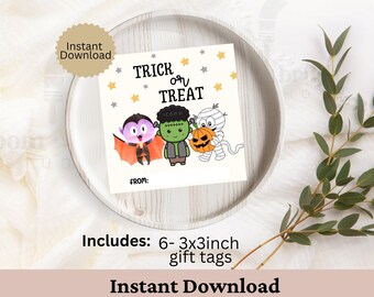 Halloween Monsters Favor Tag Template, Printable Trick or Treat Gift Tags, Editable Skeleton Dracula Zombie Treat Bag Tags, Instant Download