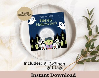Halloween Monsters Favor Tag Template, Printable Trick or Treat Gift Tags, Skeleton Frankenstein, Zombie Treat Bag Tags, Instant Download