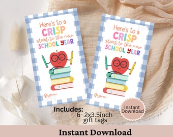 May include: Two printable gift tags with a blue and white checkered background. The tags feature a cartoon apple wearing glasses and sitting on a stack of books. The text on the tags reads "Here's to a CRISP start to the new SCHOOL YEAR". The tags are 2 inches by 3.5 inches and come in a set of 6.