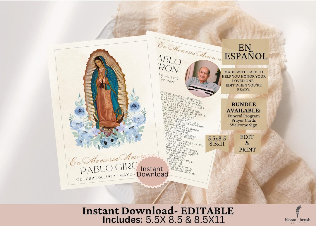 Catholic Funeral Prayer Cards in Spanish - Editable Memorial Cards