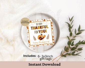 So Very Thankful for You Editable Gift Tag, Personalized Custom Fall Autumn Thanksgiving Friendsgiving Hostess Printable, Digital Download