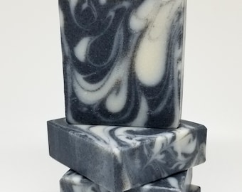 Activated Charcoal & Bentonite Clay Handmade Soap Bar, Face and Body Soap, Unscented, Black and White Swirled Soap, Gift for Men or Women