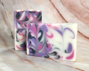 Black Raspberry Soap Bar, Swirled Purple and Black on White with a Soft and Sweet Scent