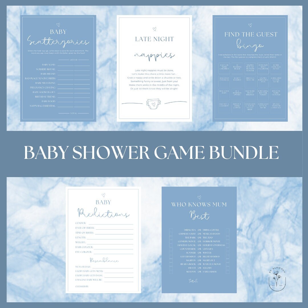 Blue Baby Shower Games Bundle Fun Printable Baby Shower Game