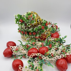 Vintage Plastic Christmas Garland with Apples & Plastic Gold Bell decorations