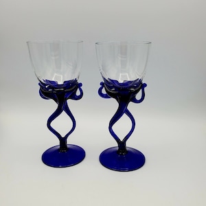 Vintage Pair of Jozefina Krosno Art Glass Wine Glasses Wine Goblets Blue Stems