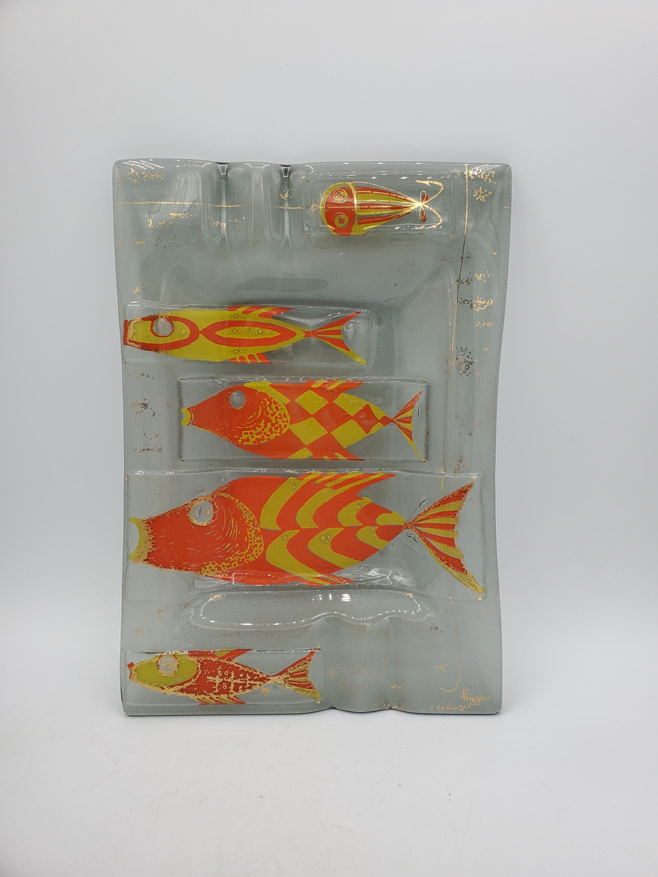 Mid Century Modern Higgins Fused Art Glass Ashtray Birds in