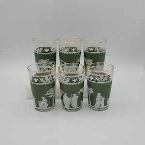 VTG 1960's Set of 6 Jeanette Glass Hellenic Scene Drink Glasses/Tumblers, Jasperware Barware