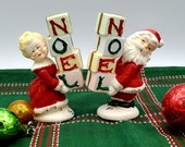 VTG Napco Santa Mrs Claus Flocked Salt n Pepper Shakers 1950 39 s with original box
