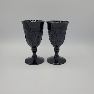 Black Indiana Glass Pressed Black Glass Goblets, Wine Glass, Water Glass, Drink Glass Gothic, Renaissance, VTG Indiana Glass