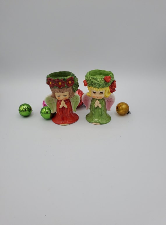 Vintage Lefton Porcelain Angel Candleholders: 1960s Christmas Decor