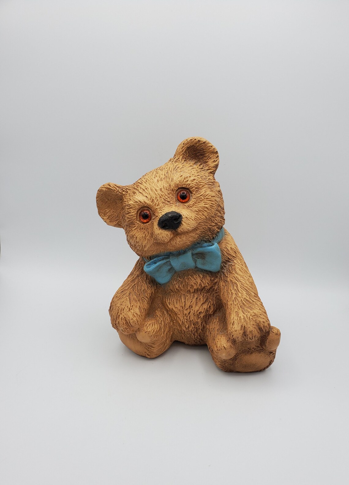 Vintage 1983 Ceramic Teddy Bear Statue Figurine With Blue Bow Etsy