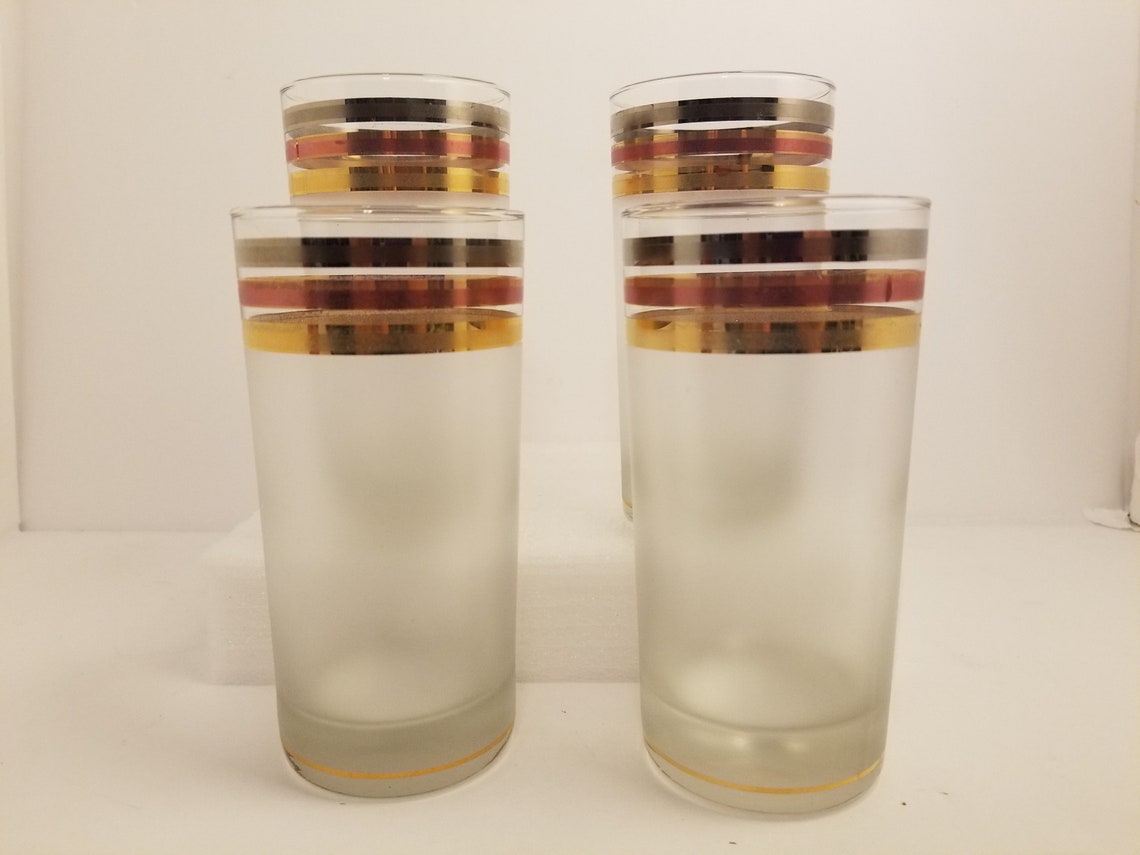 VTG 4 Frosted Drink Glasses With Tricolor Gold Band Etsy