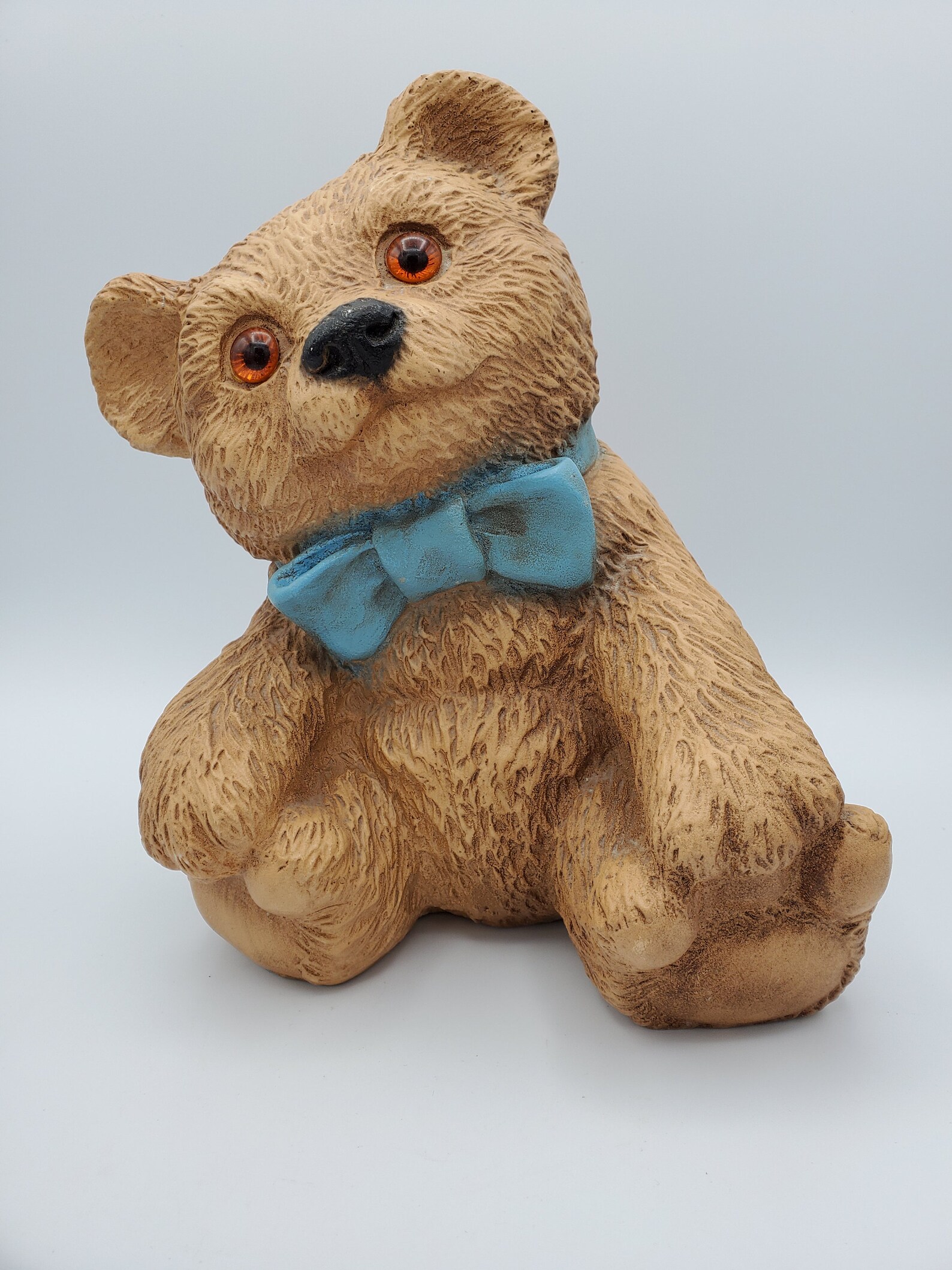 Vintage 1983 Ceramic Teddy Bear Statue Figurine with Blue Bow Etsy