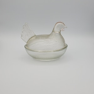 Vintage Indiana Glass Hen on Nest: Clear Candy Dish, 1940s Decor