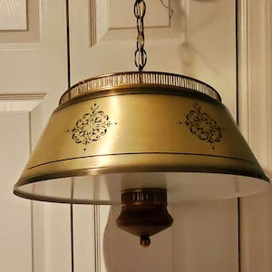 Vintage Gold Tole Metal Hanging Swag Light/Lamp with Black Stencil Design