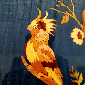 VTG Wood Inlay Marquetry Parrot/Cockatoo/Bird in Tree Wall Decor
