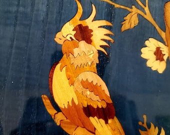 VTG Wood Inlay Marquetry Parrot/Cockatoo/Bird in Tree Wall Decor