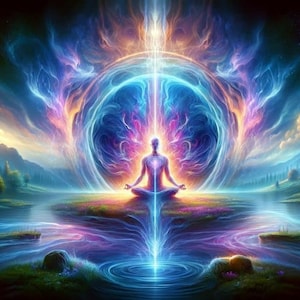 May include: A person meditating in a lotus position with a glowing aura, surrounded by a swirling vortex of light and color. The scene is set in a peaceful landscape with a river and mountains in the background.