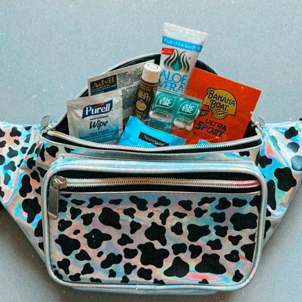 Holographic cowprint belt bag with travel size summer essentials; pool beach day belt bag; aesthetic western themed bag; personalized custom