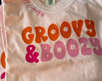 Comfort Color Groovy shirts; bachelorette party shirts, girls trips, floral groovy and boozy; dazed and engaged; destination personalization