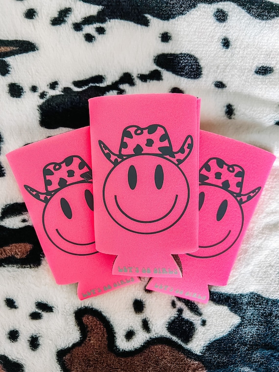 Cowgirl Hat Smile drink coolers; western aesthetic smiley; cowprint smiley face; cowprint theme party favor; bachelorette party favor;